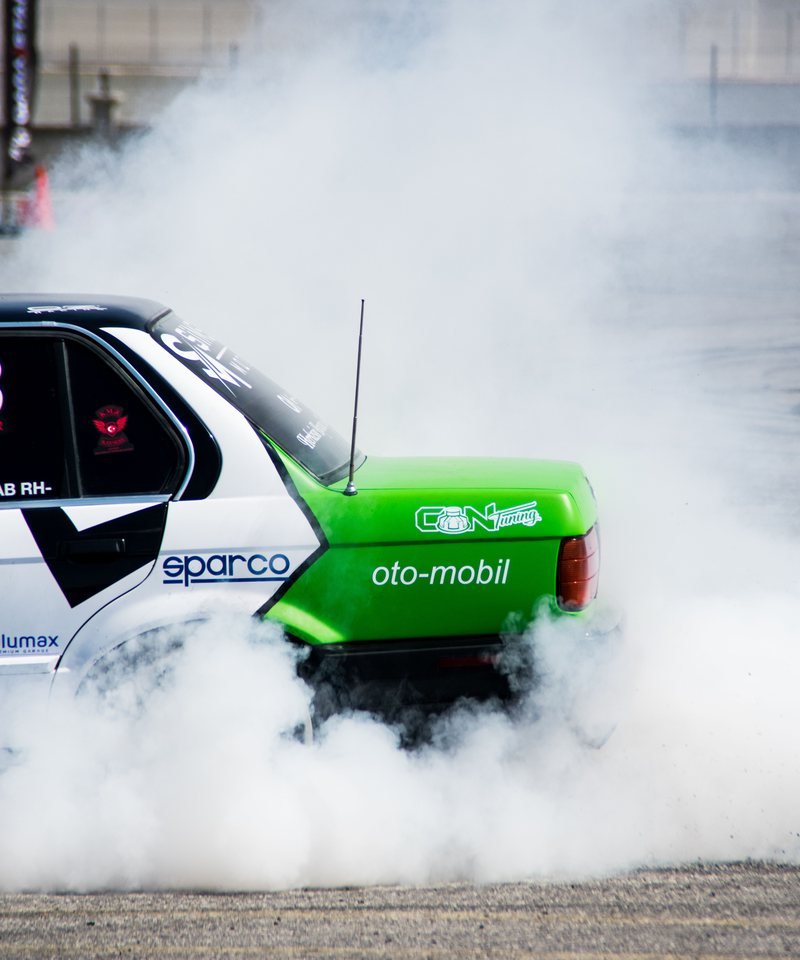 real drift run on track, heavy smoke